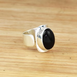 Black Onyx Oval Sterling Silver Ring - Adjustable Boho Statement