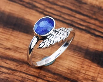 Blue Sapphire Angel Wings Ring: Sterling Silver Bohemian Jewelry