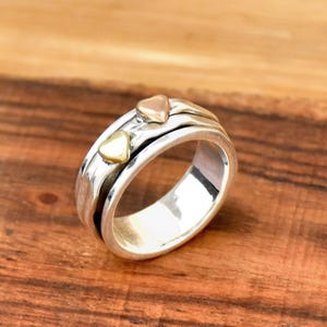 Double Heart Ring, 925 Sterling Silver, Narrow Band Ring, Hammered ring, Meditation Ring, Wedding Band Ring, Thumb Ring, Heart Spinner Ring