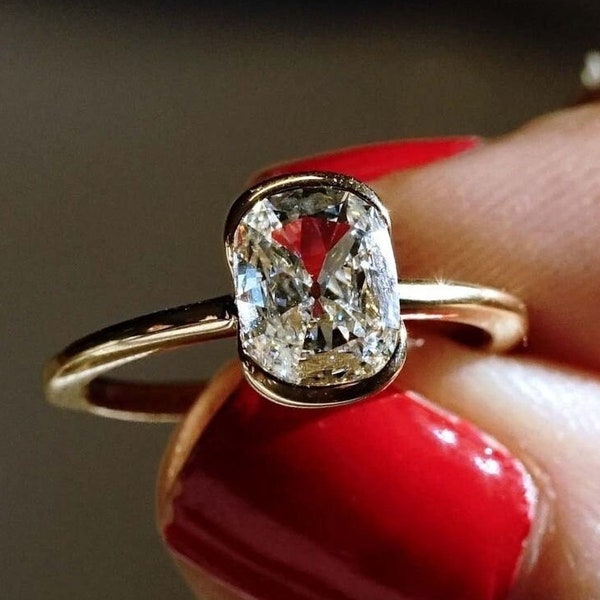 2CT kussen gesneden Moissanite verlovingsring verjaardag ring voor vrouwen halve bezel set ring 14K geel goud jubileum cadeau voor haar