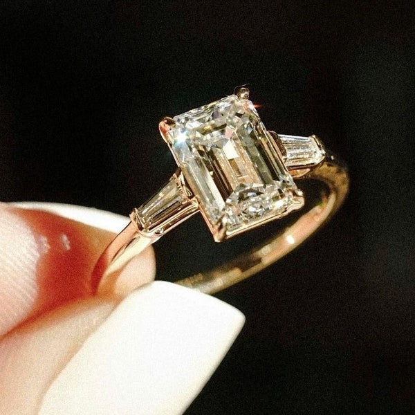 Three Stone Emerald Cut Moissanite Engagement Ring Solitaire Moissanite Wedding Ring Three Stone Emerald Side Baguettes Cut Anniversary Ring