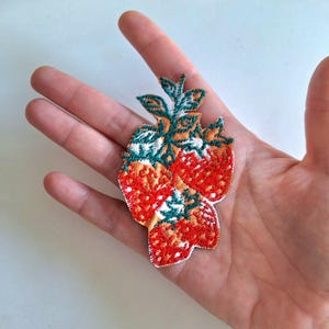 May include: An embroidered strawberry patch with red and orange stitching and green leaves. The patch is on a white background.