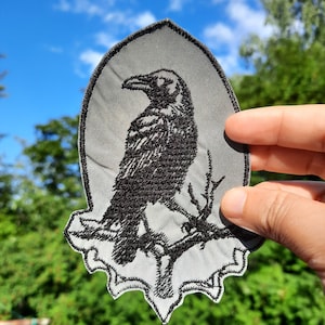 Raven on a branch reflective embroidered patch iron on