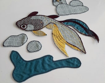 Aquarium fish and stones sew on embroidered patches set