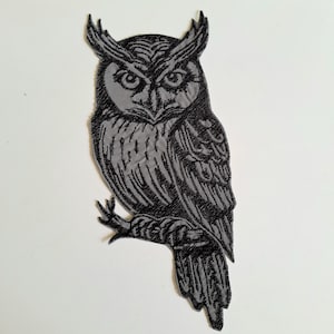 May include: A black and gray embroidered owl patch. The owl is perched on a branch, with detailed feather and eye designs. The patch is suitable for jackets, bags, or other fabric items.