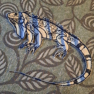 Iguana lizard sew on embroidered patch, zero waste applique, recycled textiles