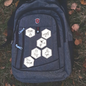 Op de afbeelding: Een antracietgrijze rugzak met een rood en zilverkleurig schildlogo aan de bovenzijde en zes zeshoekige patches met zwarte inktillustraties van diverse insecten. De tas is voorzien van zwarte ritsen met lichtblauwe trekkers en meerdere vakken.
