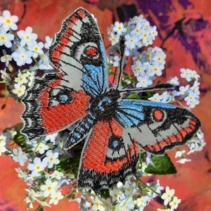 May include: A colorful embroidered butterfly patch with red, blue, and black accents. The patch is surrounded by delicate blue forget-me-not flowers.