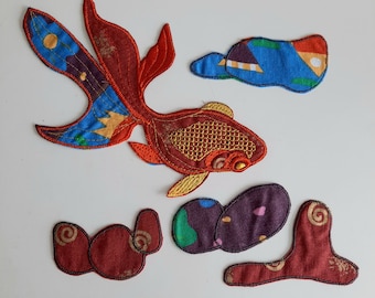 Aquarium goldfish and stones sew-on embroidered patches set
