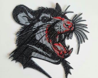 Rat with open mouth reflective embroidered patch iron on, possum, mouse goth patch