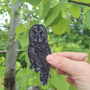May include: A gray and black owl-shaped patch with detailed embroidery. The patch is held in front of a tree with green leaves. The owl design features large eyes and textured feathers, creating a detailed and artistic appearance.