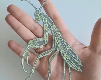 Groene bidsprinkhaan geborduurde opstrijkpatch, veiligheidsreflector