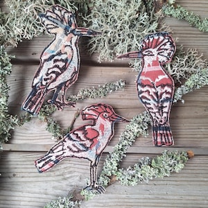 May include: Three embroidered bird patches with intricate details in shades of red, blue, and cream. The birds are perched on a wooden surface with sprigs of green and gray lichen.