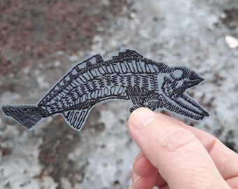 Fossil prehistoric fish reflective iron-on embroidered patch