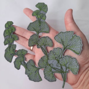 Op de afbeelding: Een set van vijf grijze vilt ginkgo bladeren met groene geborduurde aderen. De bladeren zijn in een cluster gerangschikt, met het grootste blad onderaan en het kleinste blad bovenaan.
