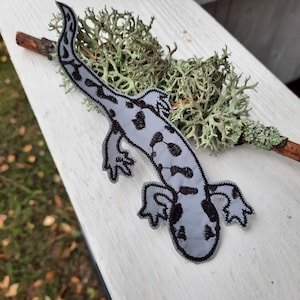 Può includere: Un cerotto di feltro grigio con un disegno ricamato nero di una salamandra. La salamandra è rivolta a destra e ha una coda lunga e un corpo macchiato.