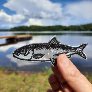 Gestickter Aufnäher Fisch baltischer Hering Sicherheitsreflektor zum Aufbügeln