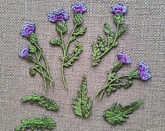 Thistle wild plant embroidered patches set, sew on applique, flower lace
