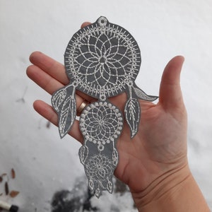 以下が含まれることがあります： 白い刺繍が施されたグレーのフェルト製のドリームキャッチャー。ドリームキャッチャーには、大きく2つの円と小さく1つの円があり、複雑なデザインが施されています。ドリームキャッチャーは羽根で飾られています。