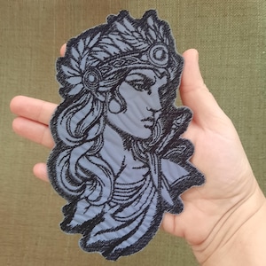 Greek goddess Artemis large iron on reflective embroidered patch