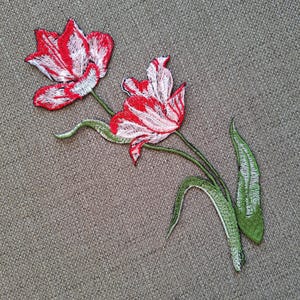 Könnte beinhalten: Rote und weiße gestickte Tulpenblumen-Applikation mit grünen Stielen und Blättern.