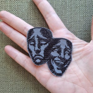 Sad and happy theatrical masks small iron-on reflective embroidered patch