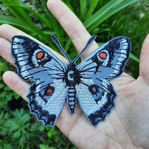 May include: A gray butterfly with black outlines and red eyes. The butterfly is embroidered on a fabric patch.