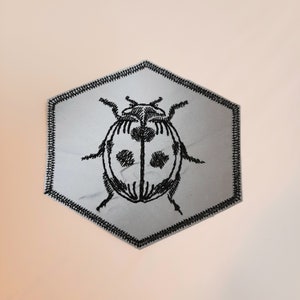 May include: A silver hexagonal patch with black embroidery of a ladybird. The ladybird is detailed with black lines and dots.