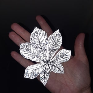 Peut inclure: Une illustration en noir et blanc d'une feuille avec une finition réfléchissante et scintillante. La feuille est dessinée dans un style détaillé et complexe.