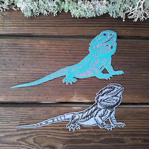 Peut inclure: Deux écussons brodés de dragons barbus. L'un est bleu clair avec un contour gris, et l'autre est en noir et blanc. Les écussons sont sur une surface en bois avec une plante décorative en haut.