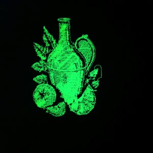 May include: A green line drawing of a vase with a handle and a leafy stem on a black background.
