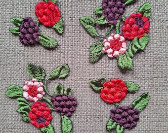 Raspberry berries 4 pcs sew on embroidered patches set applique