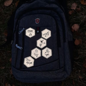 Może przedstawiać: Szary plecak z różnymi sześciokątnymi naszywkami przedstawiającymi owady i motyle. Naszywki są przyszyte do przodu plecaka.