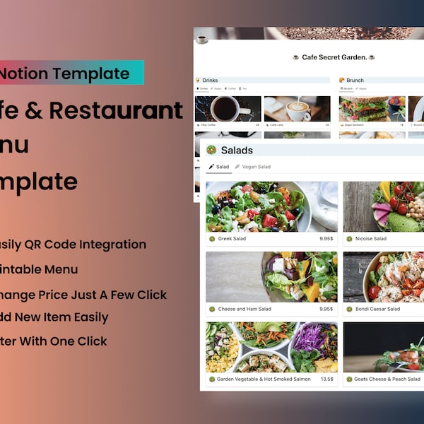 Cafe & Restaurant Food Menu | Printable | Editable | QR Code Support | Price List | Modern | Fast Food Menu | Notion Template |