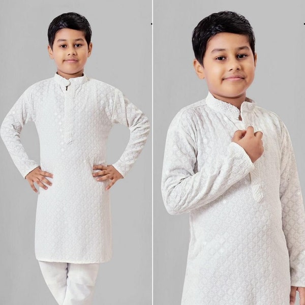 Chikankari Lucknowi Kid Kurta For Eid, Nikha, White Kurta, Heavy Partywear Kurta, Ramdan Kurta, Diwali Kurta For Boys, Men's Kurta Set.