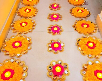 Mat Rangoli, Diwali Decoration, Home Decor, Ganpati Decoration, Diya Rangoli, Mat rangoli Decoration, Artificial Flower. Corridor Decor.