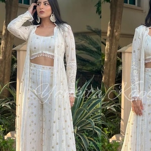 Bollywood Inspired White Lucknavi cape Crop top and palazo, Embroidered 3 Pc Premium Shrug sharara set Pakistani Salwar kameez Readymade