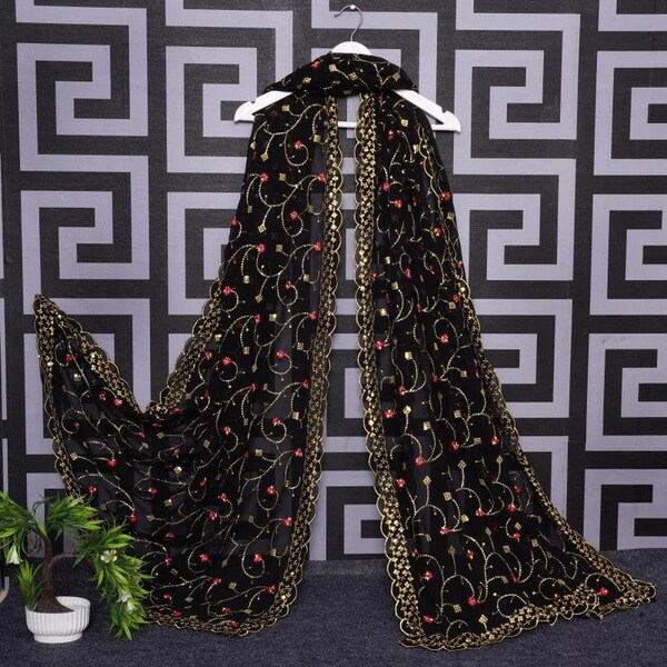 Georgette Embroidered Dupatta/Shawl, Beautiful Heavy Party & Wedding Wear Indian/Pakistani Traditional Dupatta, Free Shipping Gift For Women