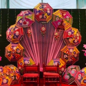Trending Rajasthani Umbrella For Backdrop Decoration, haldi Mehendi Wedding Backdrop, Multicoloured umbrella, Indian Wedding Decoration