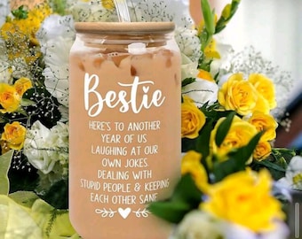 bestie best friends 16 oz glass tumbler with lid and straw best friends gift bridesmaids proposals wedding gifts best friend gift
