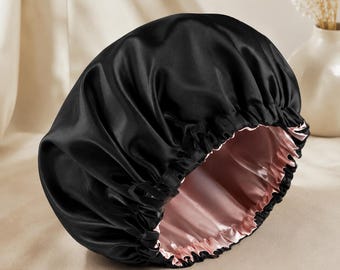 Cuffia da notte in raso nero con cordino regolabile, cuffia protettiva per capelli ricci, naturali e intrecciati.