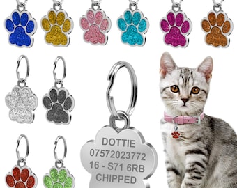 Engraved Cat Tag Personalised Pet ID Collar Kitten Name Identification Charm Glitter Paw Neck Sparkly Customised Glitter Harness