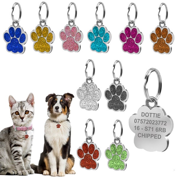 Engraved Pet Tag Personalised Dog ID Collar Puppy Name Cat Identification Charm Kitten Glitter Paw Neck Sparkly Customised Glitter Harness