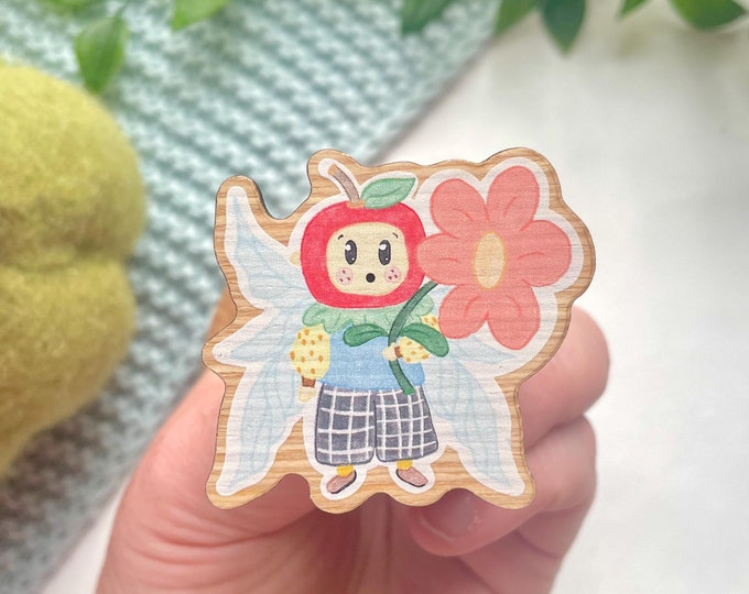Apple Fairy Wooden Pin: Cottagecore Pine Wood Badge