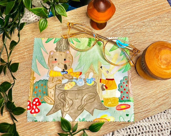 Microfiber cleaning cloth | Illustration Bear and Bunny tea party | Glasses cloth