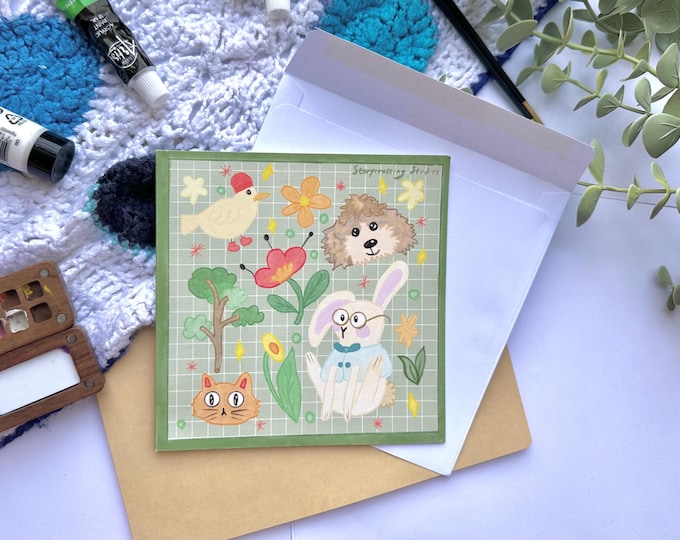 Animal Art Greeting Card, Folded Square 5inch BioPaper Card with Enveloppe
