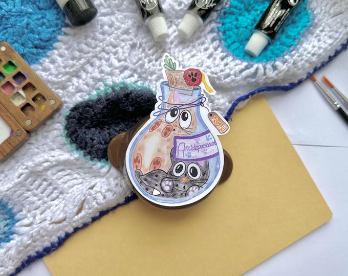 Cat Antidepressant Sticker: Handmade Glossy Laminated Vinyl Waterproof