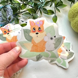 Adesivo / Vinile laminato impermeabile / Volpe e topo / Illustrazione di simpatici animali, topi, volpi, animali domestici, pastello, foresta / Fatto a mano dall'artista