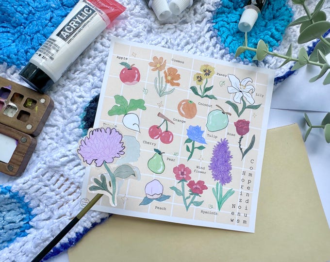 New Horizons Compendium Stickersheet, Animal Crossing ACNH fruit and flowers, Weatherproof Matte Vinyl