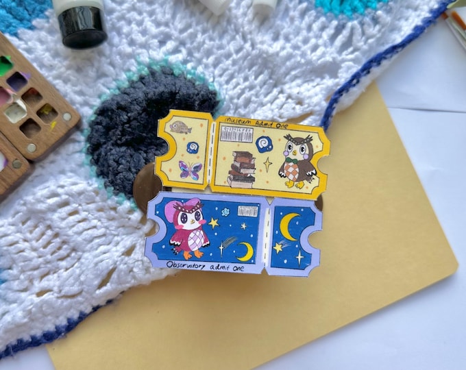 Animal Crossing tickets stickers, glossy laminated vinyl, waterproof, ACNH celeste blathers museum observatory